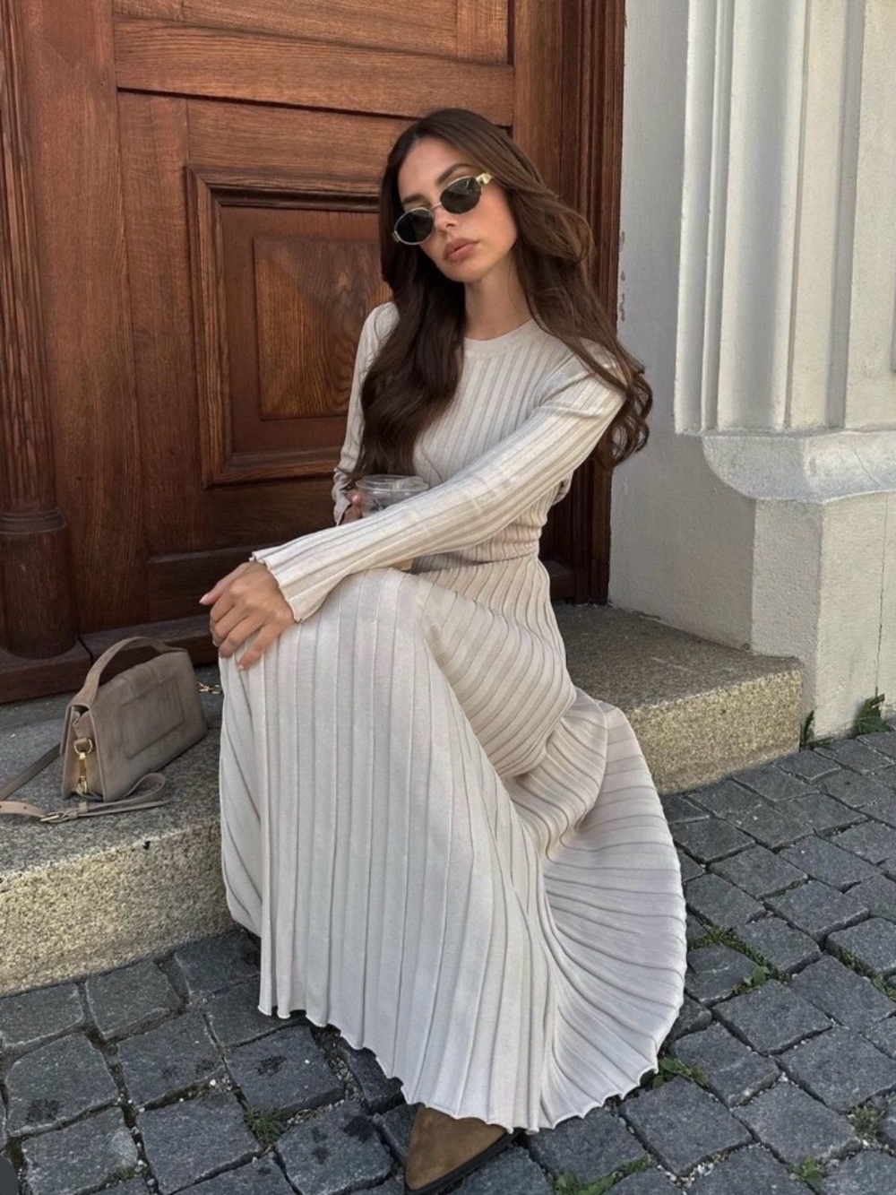 DISSH Cream Ribbed Maxi Dress with Long Sleeves